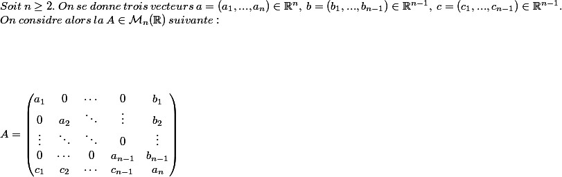 Soit\:n\geq 2. \:On\:se\:donne\:trois\:vecteurs\:a=(a_1,...,a_n)\in\mathbb{R}^n ,\:b=(b_1,...,b_{n-1})\in\mathbb{R}^{n-1},\:c=(c_1,...,c_{n-1})\in\mathbb{R}^{n-1}.\\On\:considre\:alors\:la\matrice\:A\in\mathcal{M}_n(\R)\:suivante:\\[2cm]A= \begin{pmatrix} a_1& 0& \cdots& 0& b_1\\ 0& a_2& \ddots& \vdots& b_2\\ \vdots& \ddots& \ddots& 0& \vdots\\ 0& \cdots& 0& a_{n-1}& b_{n-1}\\ c_1& c_2& \cdots& c_{n-1}& a_n\end{pmatrix}